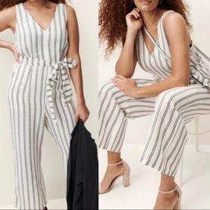 A New Day Jumpsuit Stripe Wide Leg White Cropped Linen Blend S Sleeveless Belted